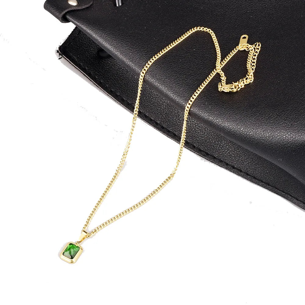 Women Fashion Stainless Steel 18k Gold Plated Human Made Green Emerald Stone Pendant Necklace Jewelry Necklaces