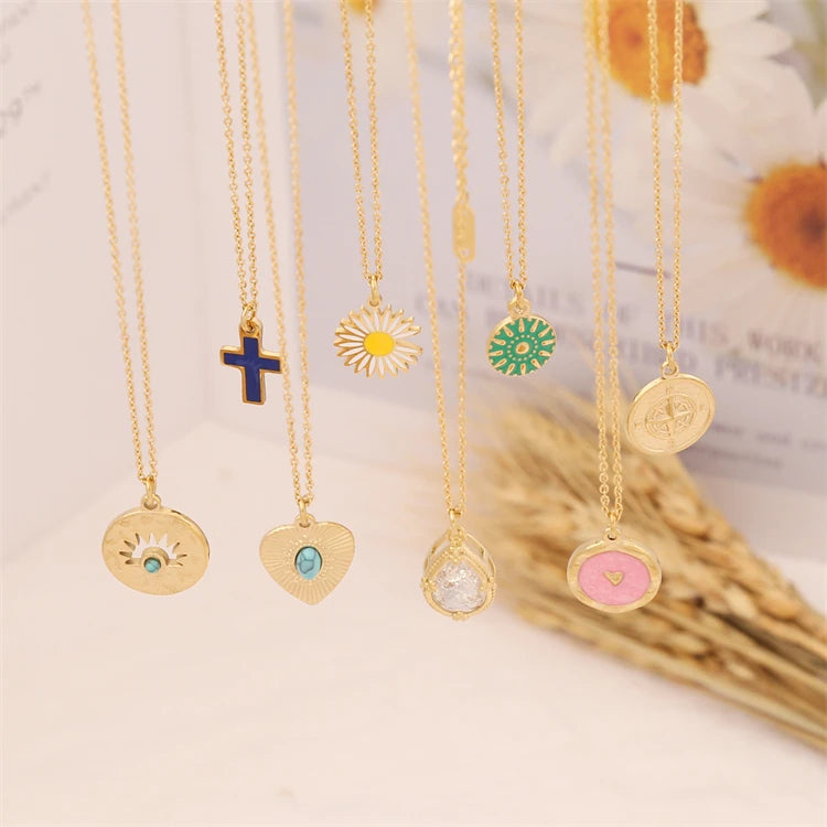 New Fine 18K Gold Non-fading Women Stainless Steel Enamel Cross Pendant Necklace