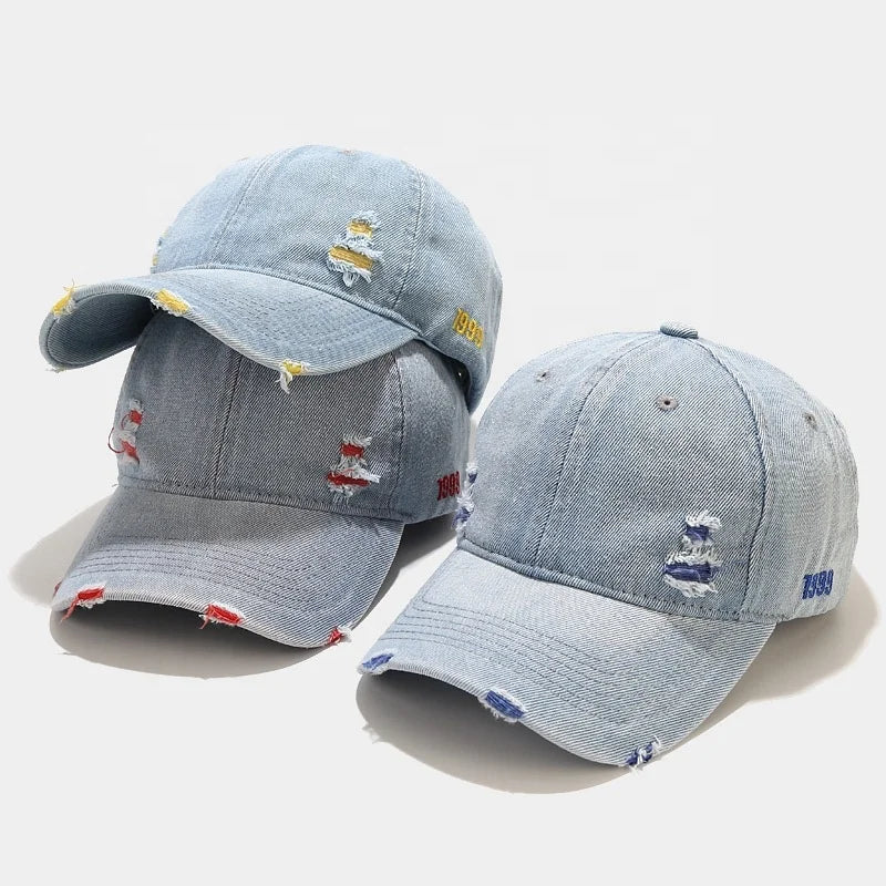 Cheap Distressed 6-Panel Baseball Cap Customized Logo Plain Washed Ripped Vintage Denim Silver Copper Buckle Common Dad Hats