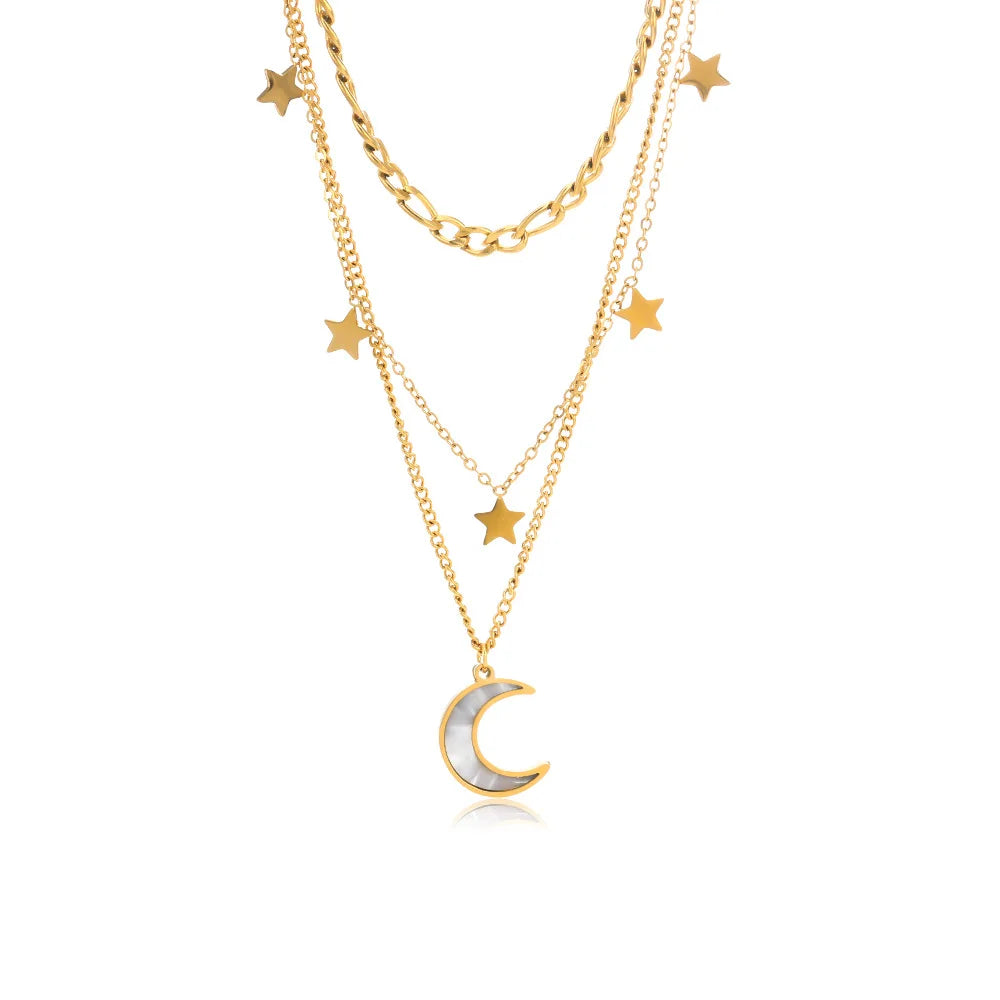 Waterproof Jewelry Figaro Chain Three Layer Gold Plate Stainless Steel Necklaces Multilayer Star Moon Pendant Necklace YF3188