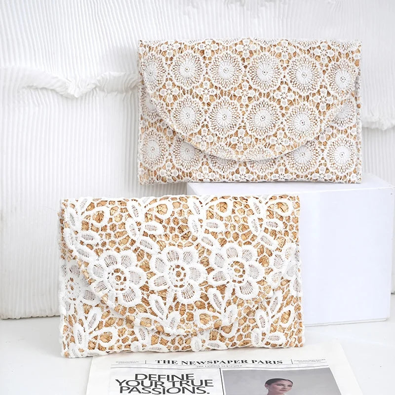 Women's Casual Fashion Woven Straw Bag with Polyester Lining Lightweight Envelope Clutch Flip Cover for Travel and Mobile Phone