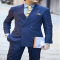 Formal Men Suits Navy Blue Polyester Cotton Double Breasted Slim Fit Men's Formal Wear Groom Tuxedo Pant Suit