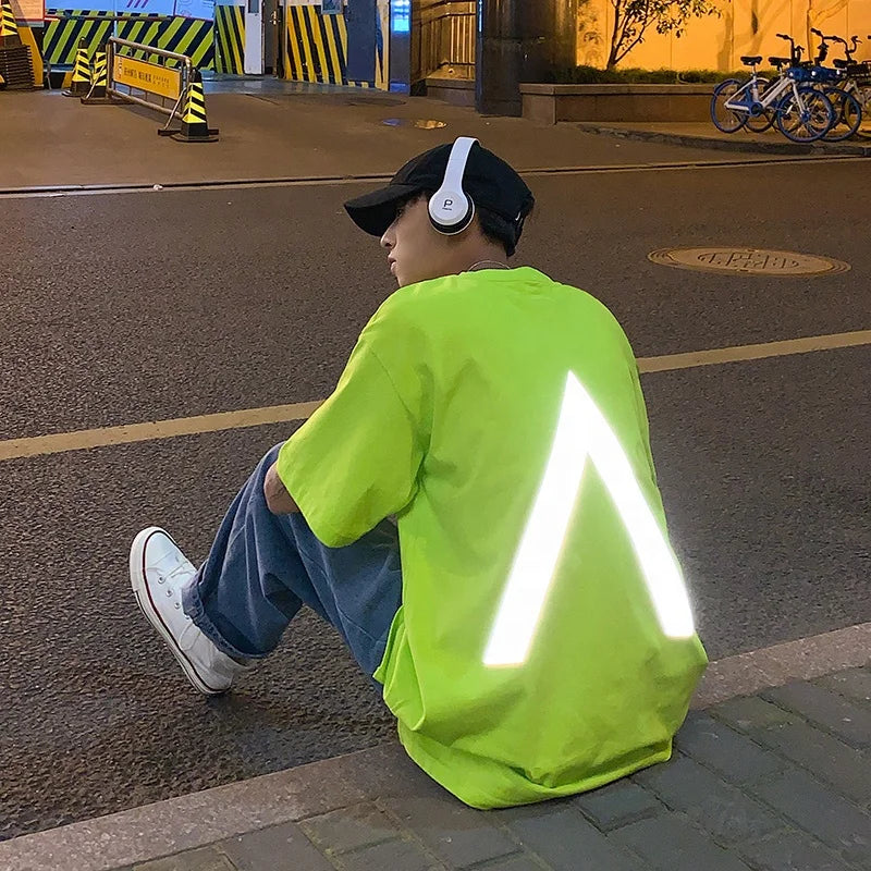 Heavyweight T-shirt Oversize Fluorescent Green Men's Nightlight Ins Hip-hop Reflective t Shirts