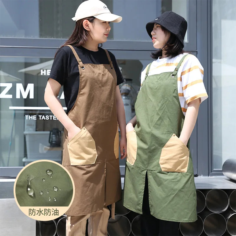 2 Pockets Waterproof Work Apron Custom Logo Printed Canvas Unisex Kitchen Cooking Chef Aprons