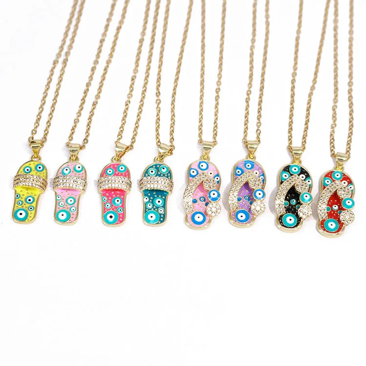 NZ1300  Fashion Small Cute 18k Gold Enamel Evil Eyes Flip Flop Slipper Pendant Stainless Steel Chain Necklace for Women