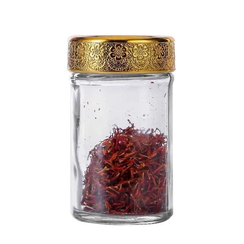 Wide Mouth Glass Saffron Empty Bottles 100ml Jars Glass Bottle for Saffron With Golden Lid