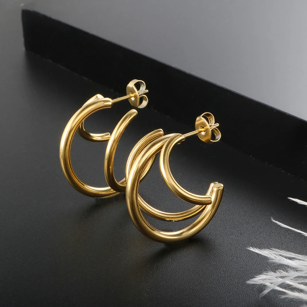 Minimalist Gold Plated Stainless Steel Triple Half Hoop Stud Earrings