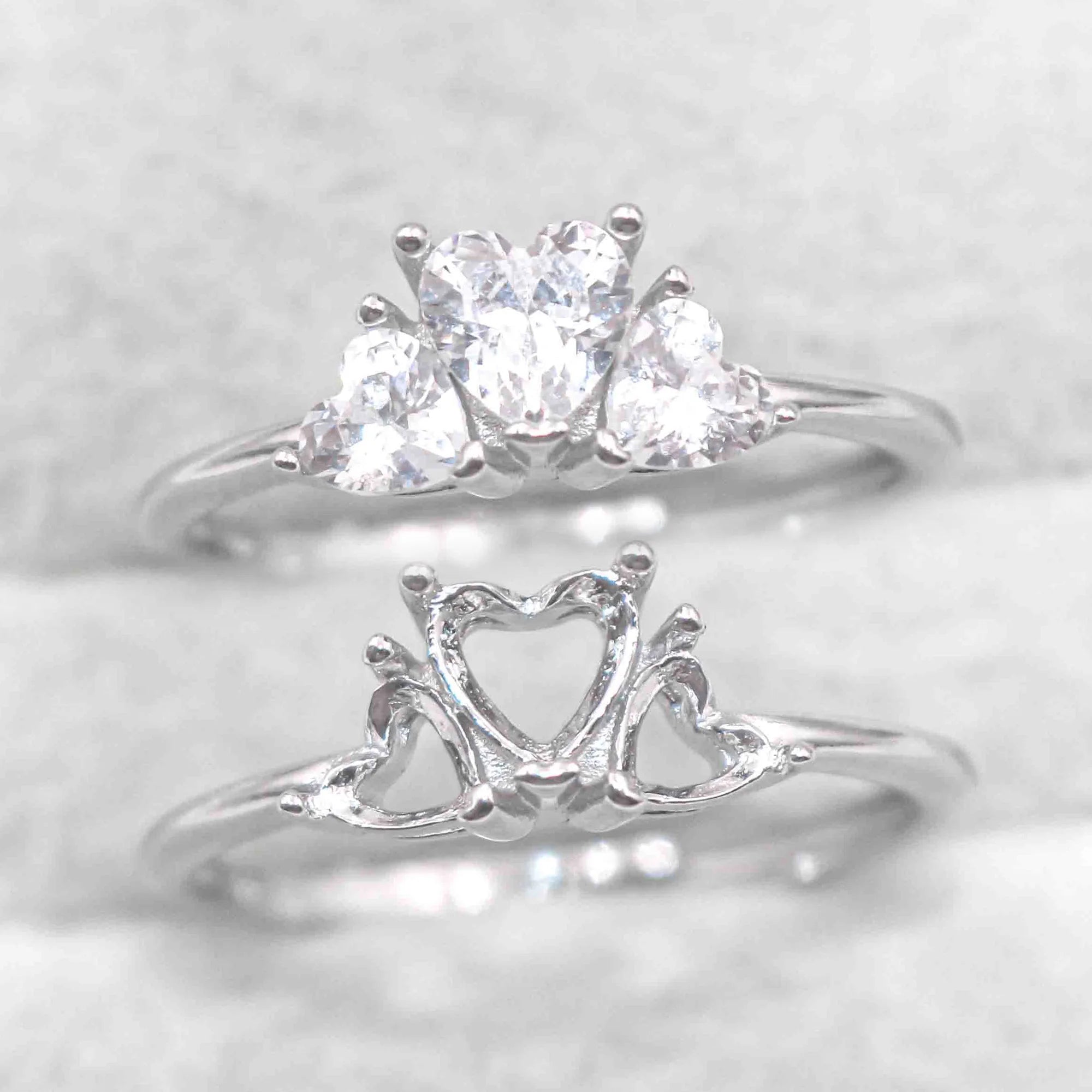 Semi Mount 4*4+5*5mm Sterling Silver Ring Heart Shape Empty Frame Blank Support Setting S925 Base Without Center for DIY Inlay