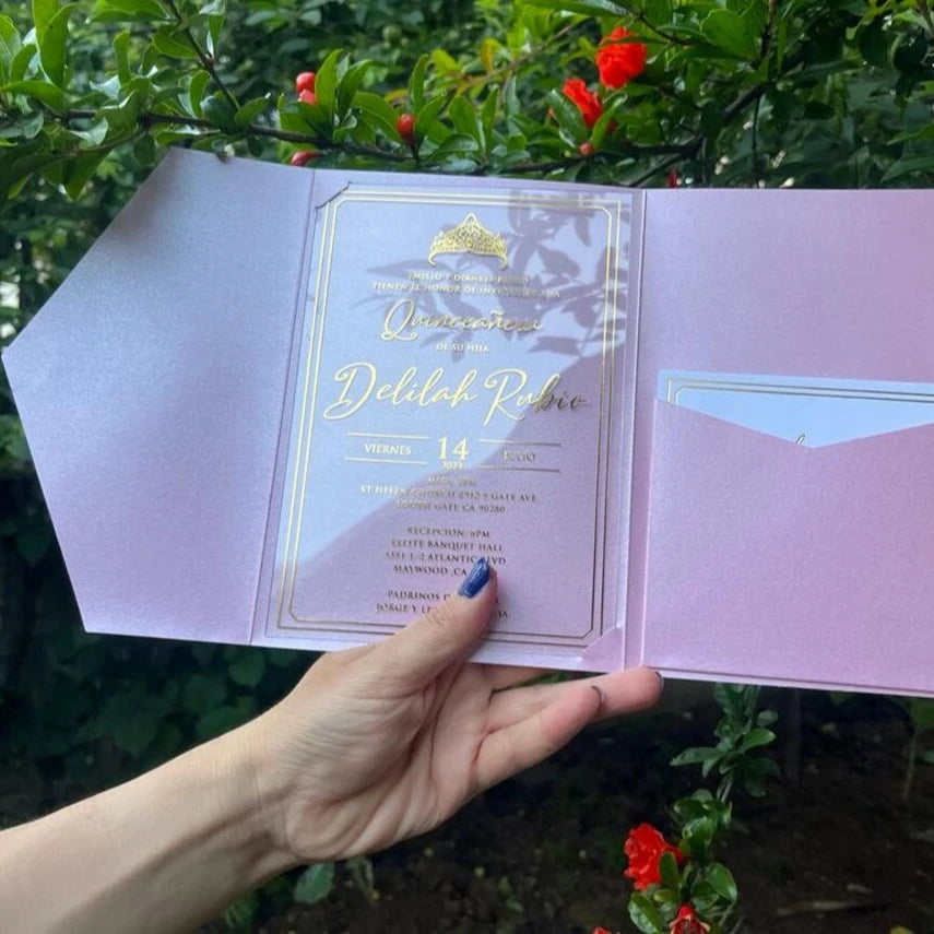 Customized Pink Luxury Trifold Quinceanera Wedding Acrylic Wedding Invitations With Detail RSVP and Velvet Envelope