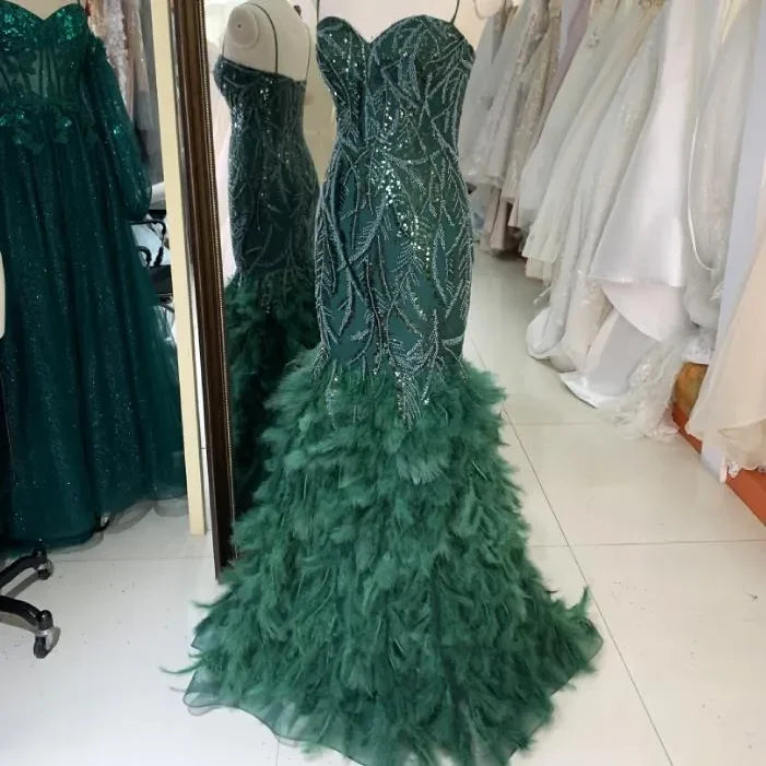 Red Emerald Wholesale Mermaid Sequin Sleeveless Fishtail Feather Mermaid Prom Evening Dresses Women Lady Elegant