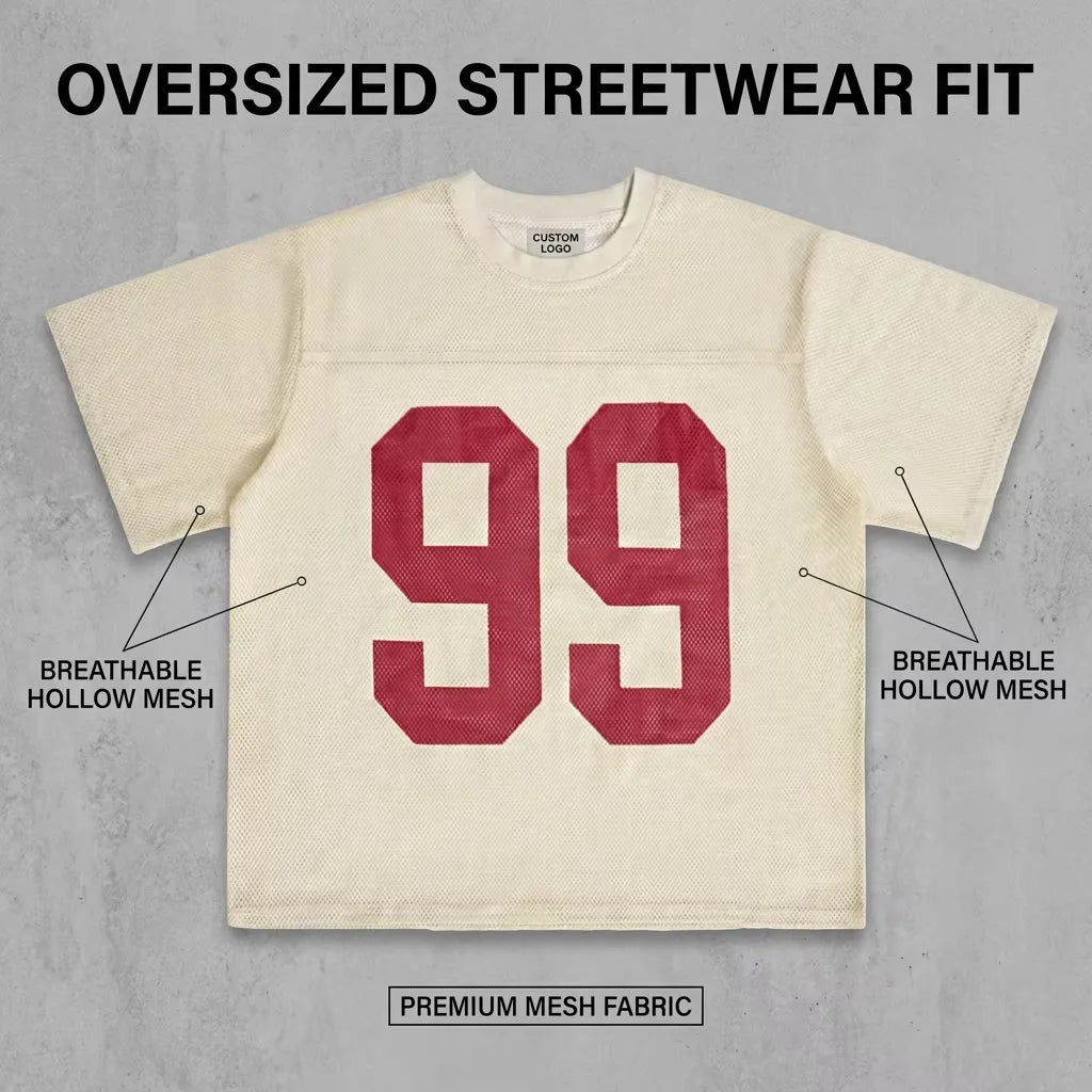 Custom 100% Polyester Knitted Oversized Drop Shoulder Mesh Jersey Boxy Fit Men Tee Screen Printing Logo Custom