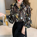 Autumn Summer Shirt Women 2024 New Chiffon Loose Lantern Sleeve Embroidered Blouse Women 5058#