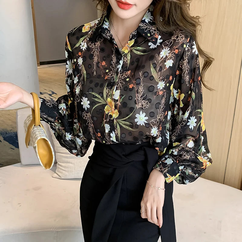 Autumn Summer Shirt Women 2024 New Chiffon Loose Lantern Sleeve Embroidered Blouse Women 5058#