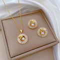 Elegant Cubic Zirconia Square Pearl Stud Earrings Round Zircon CZ Pearl Leaf Link Chain Necklace Jewelry Set for Banquet