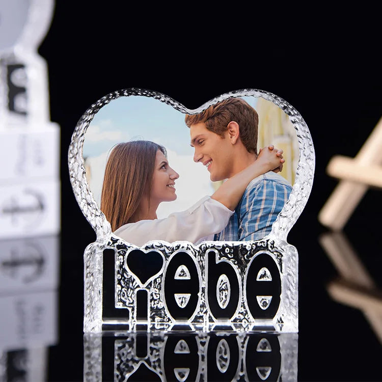 Factory OEM/ODM Blank K9 Crystal 3D Heart Shape Luxury Modern Design Photo Frame Love Light Pictures for Mom Gift Home Decor