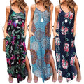 Womens Sleeveless Casual Boho Pocket Dresses Tropical Floral Slit Sundress Bohemian Beach Coverup Cami Top Long Skirt Maxi Dress