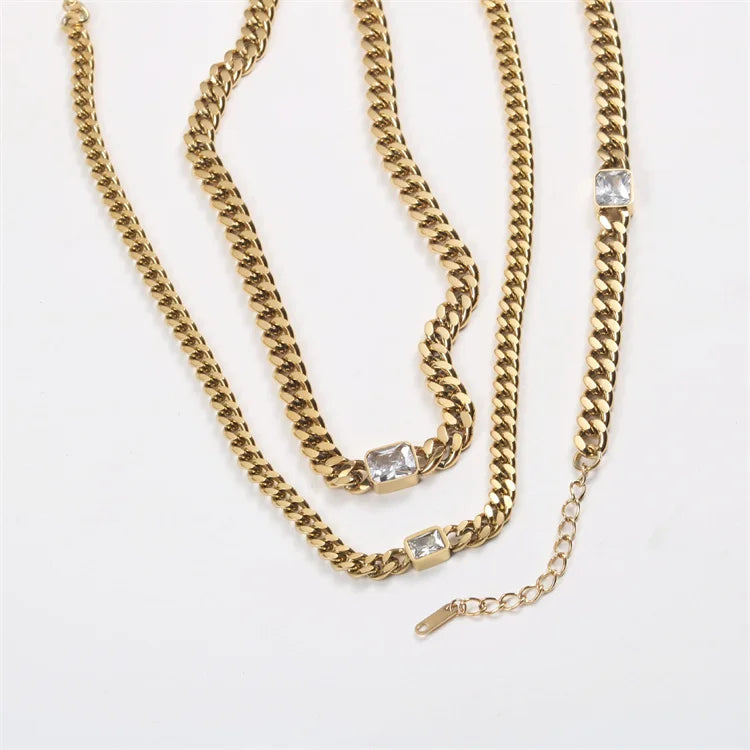 Fashion Jewelry Gold Plated Cuban Chain Necklaces Stainless Steel Crystal Natural Stone Necklace