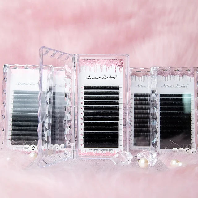 Hot Selling Bulk Eyelashes Pink Lash Tray Individual 0.05mm-0.25mm Thickness Matte Black Silk Eyelash Extensions
