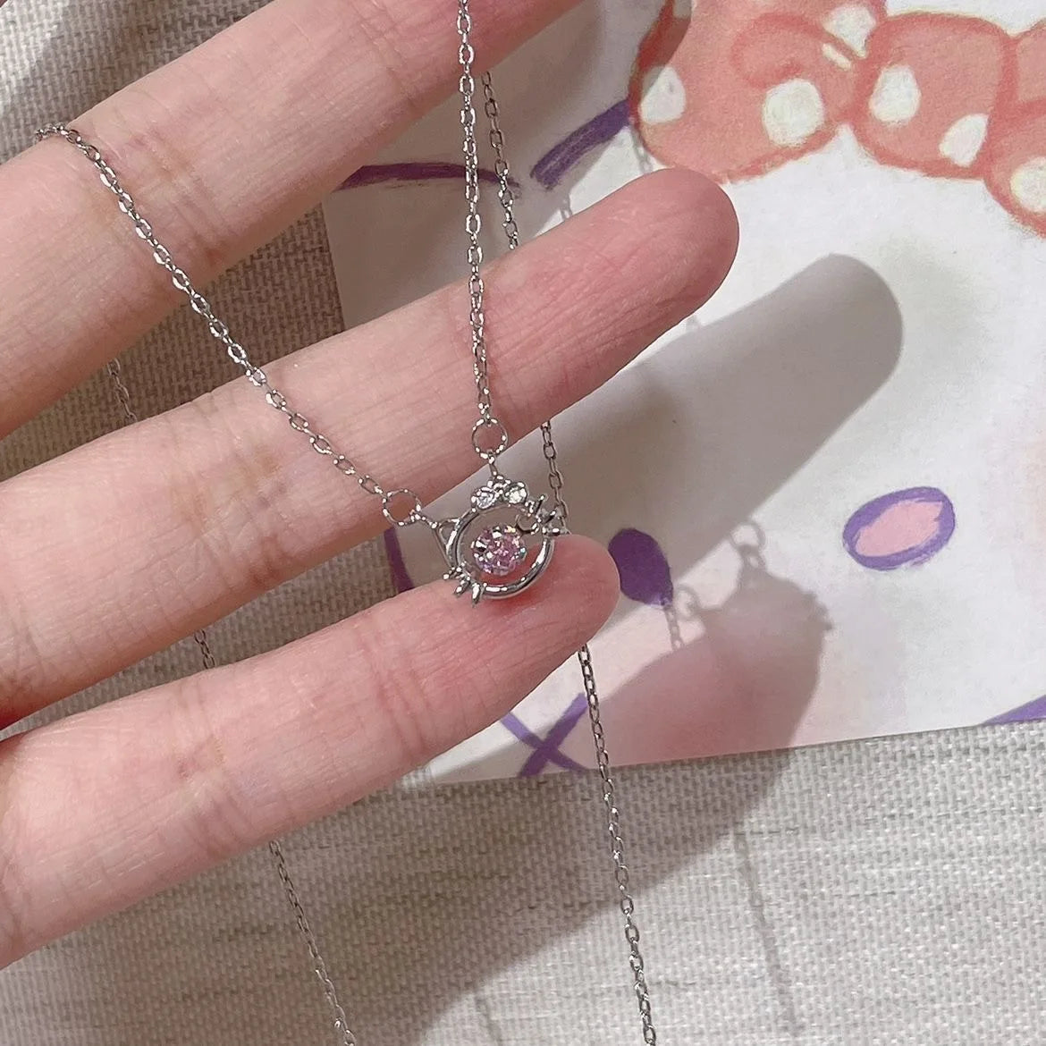 AA00554 Fashion Trend Lovely Cat Pendant Platinum Plated pink Diamond Necklace Lady