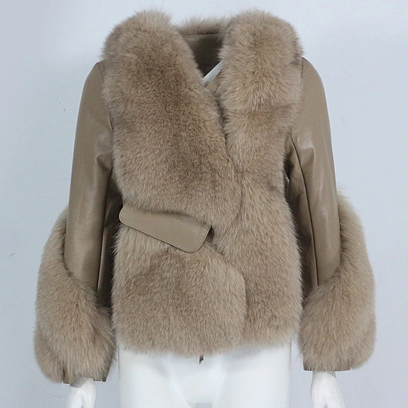 2023 New Fashion Genuine Leather Winter Jacket for Women Thick Warm Natural Fox Fur Coat Locomotive Street Style Casual