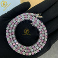 Pink and White Moissanite Hiphop Iced Out 4mm Tennis Necklace 925 Sterling Silver Luxury Sparkling Silver Tennis Chain
