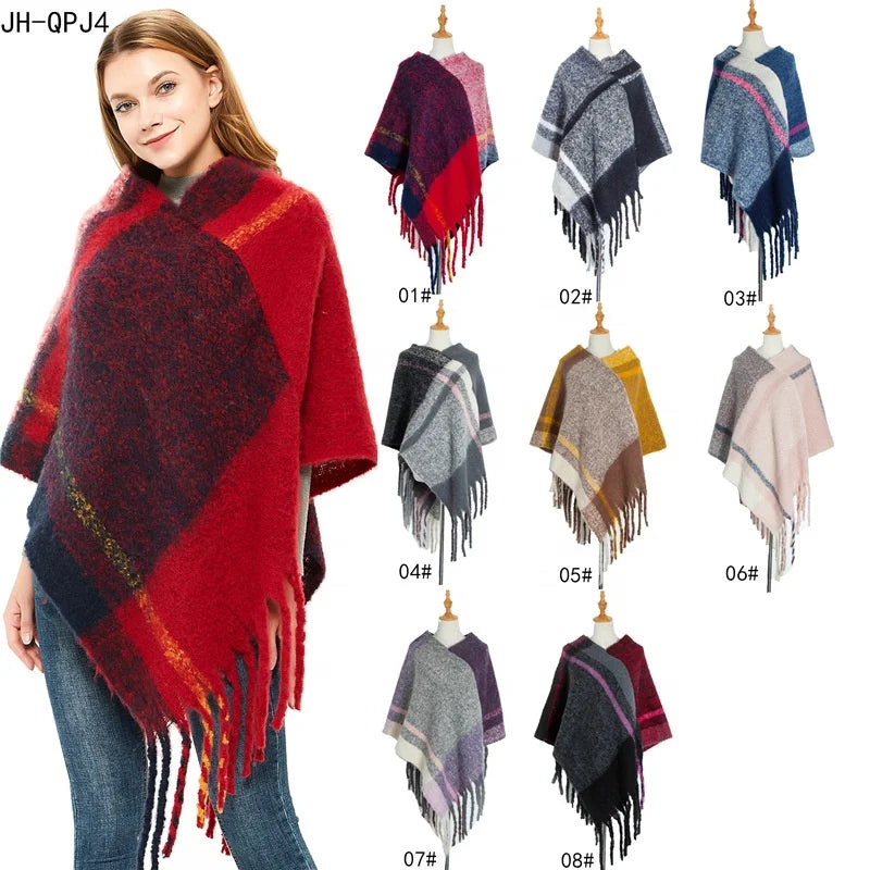 Landfond Women's Winter Polyester Long Thickened Coarse Fringe Multicolor Shawl Poncho Pullover Cape Needle Detection