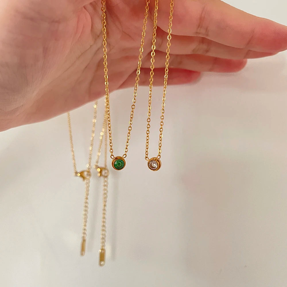 Clear Green Round Cubic Zirconia Stainless Steel Necklace Small Charm Choker Necklaces for Women Plain French Minimalist Jewelry