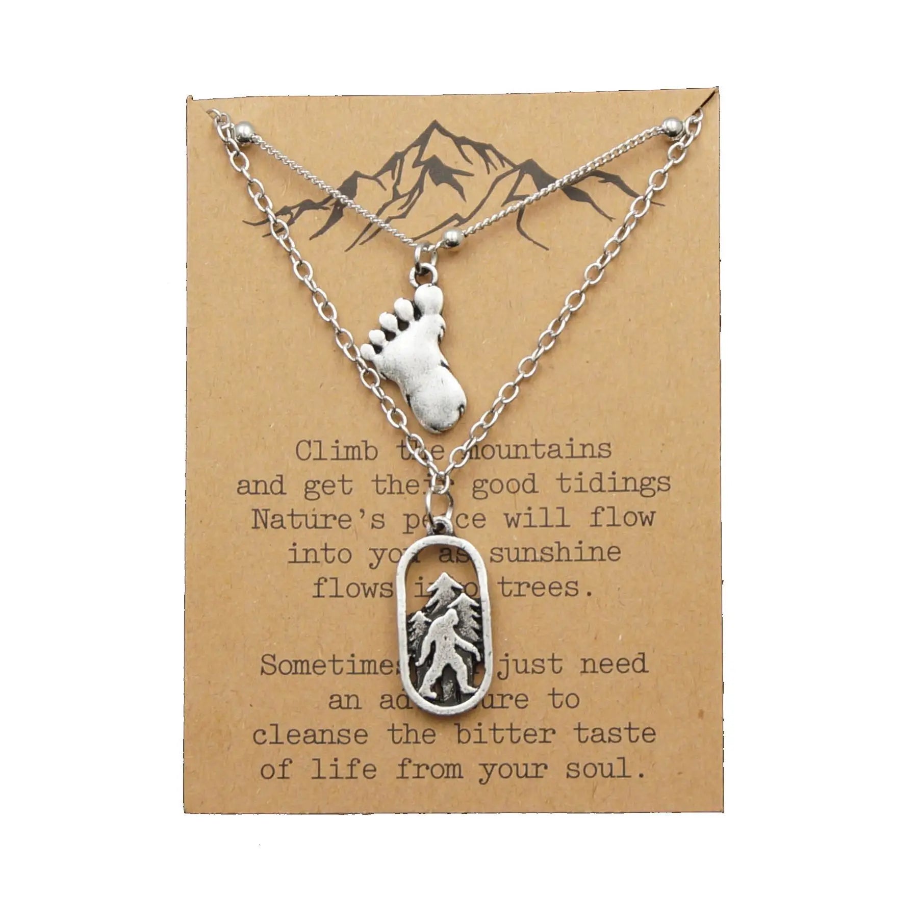 Unique Bigfoot Foot Necklace with Mountain Card Forest Jewelry Gift for Men and Women