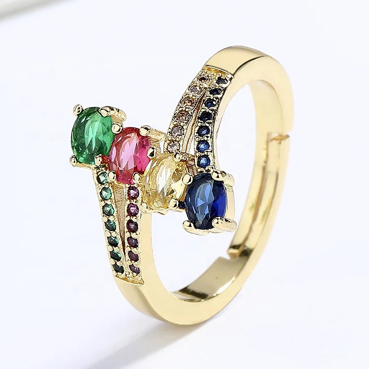 Sparkling Colorful Chroma Rainbow Fashion Fine Zircon Rings Golds Plated Wholesale Ring for Women Waterpoof