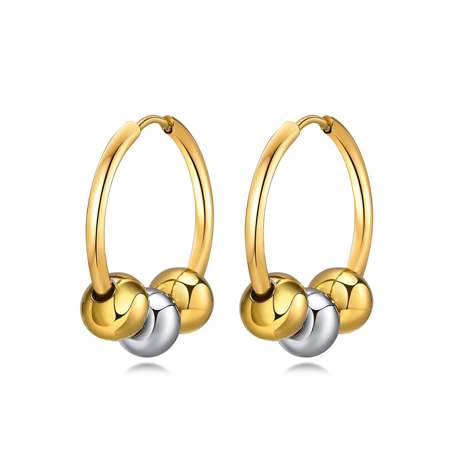 Women 18K Gold Plated Stainless Steel Trendy Gift Three Ball Drop Stackable Hoop Pearl Earrings