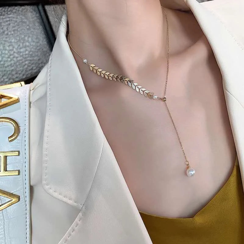 Nabest Gold Plated Stainless Steel Leaf Chain Chokers Women Asymmetric Adjustable Pearl Tassel Jewelry Necklaces
