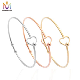 2mm Thick Stainless Steel Bead Charm Heart Openable Hook Bangle Bracelet Open Cuff Bangle for Women