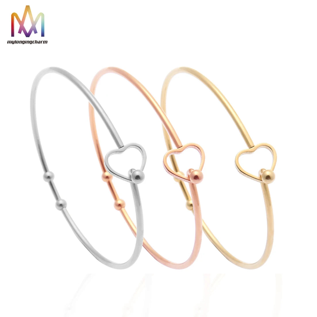 2mm Thick Stainless Steel Bead Charm Heart Openable Hook Bangle Bracelet Open Cuff Bangle for Women