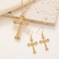 High-end Gold Plated Light Luxury Punk Cross Necklace and Earrings Collarbone Chain Set for Women