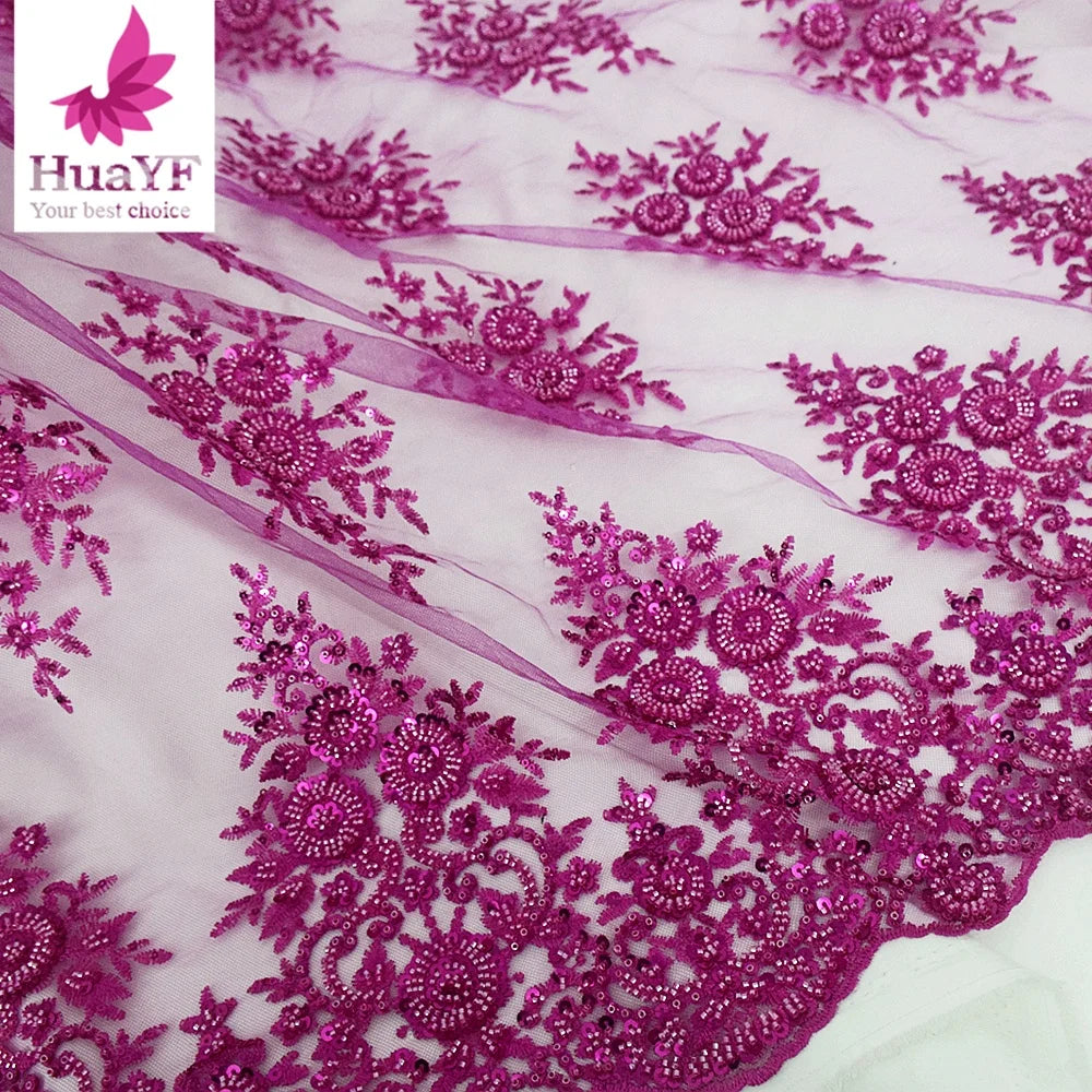 HY2385 Luxury Beaded Embroidery Eco-Friendly Wedding Dress Fabric with Sequins Border Mesh Gauze Lace