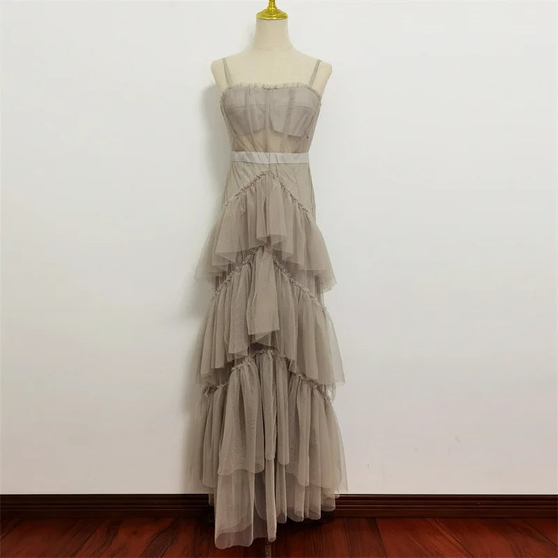 Summer Women Sleeveless Breathable Eco-Friendly Tulle Maxi A-Line Dress Layered Ruffle Hem for Party Cocktail High Street