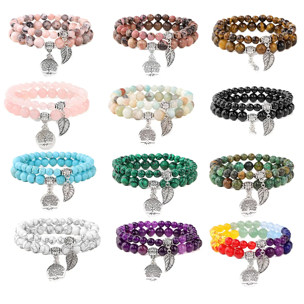 Fashion Tree of Life Pendant Amethyst Natural Stone Gemstone Beaded Bracelet Set for Men and Women