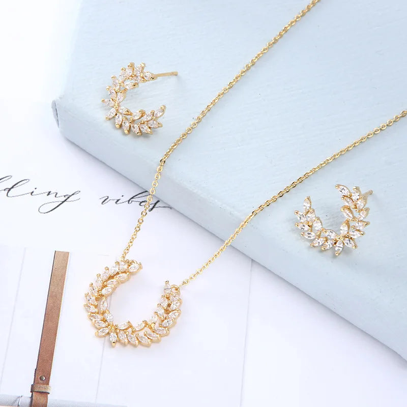 Party Accessories Korean Zircon Jewelry Wheat Ear Bride Wedding Dress Earrings Necklace 2pcs Ladies Jewelry Sets