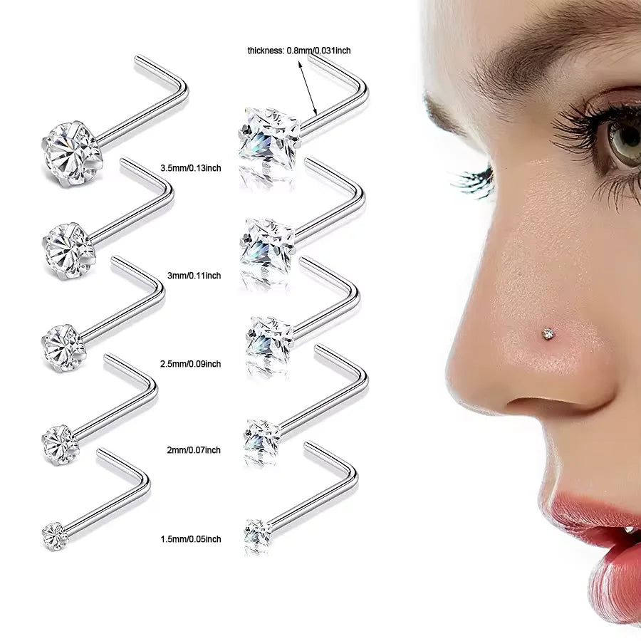 Wholesale Square&Round CZ Nose Stud Rings for Women Men Piercing Jewelry L Shape Bar Stainless Steel Nose Pin Nostril Piercings