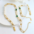 Temperament Pvd Gold Plated Stainless Steel Emerald Zircon Freshwater Pearl Spliced Necklace Personality Jewelry Bijou