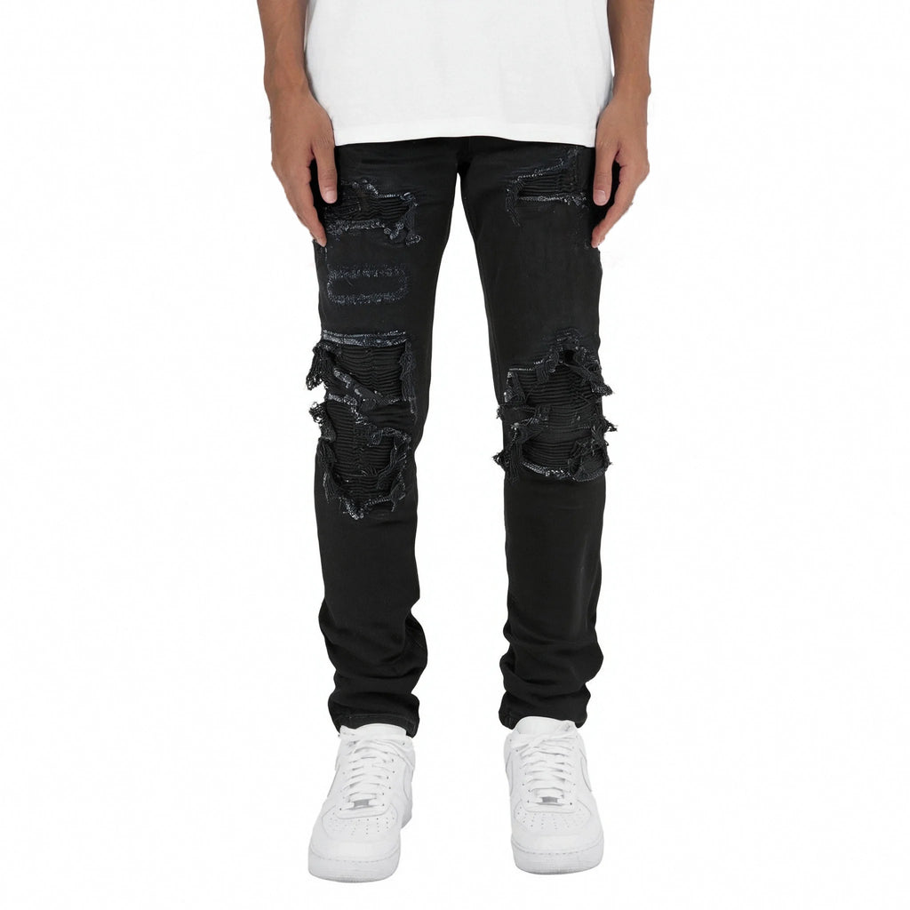 Wholesale Black Patch Denim Streetwear High Street Casual Ripped Damaged Distressed Designer Slim Fit Pants Stretch Men's Jeans