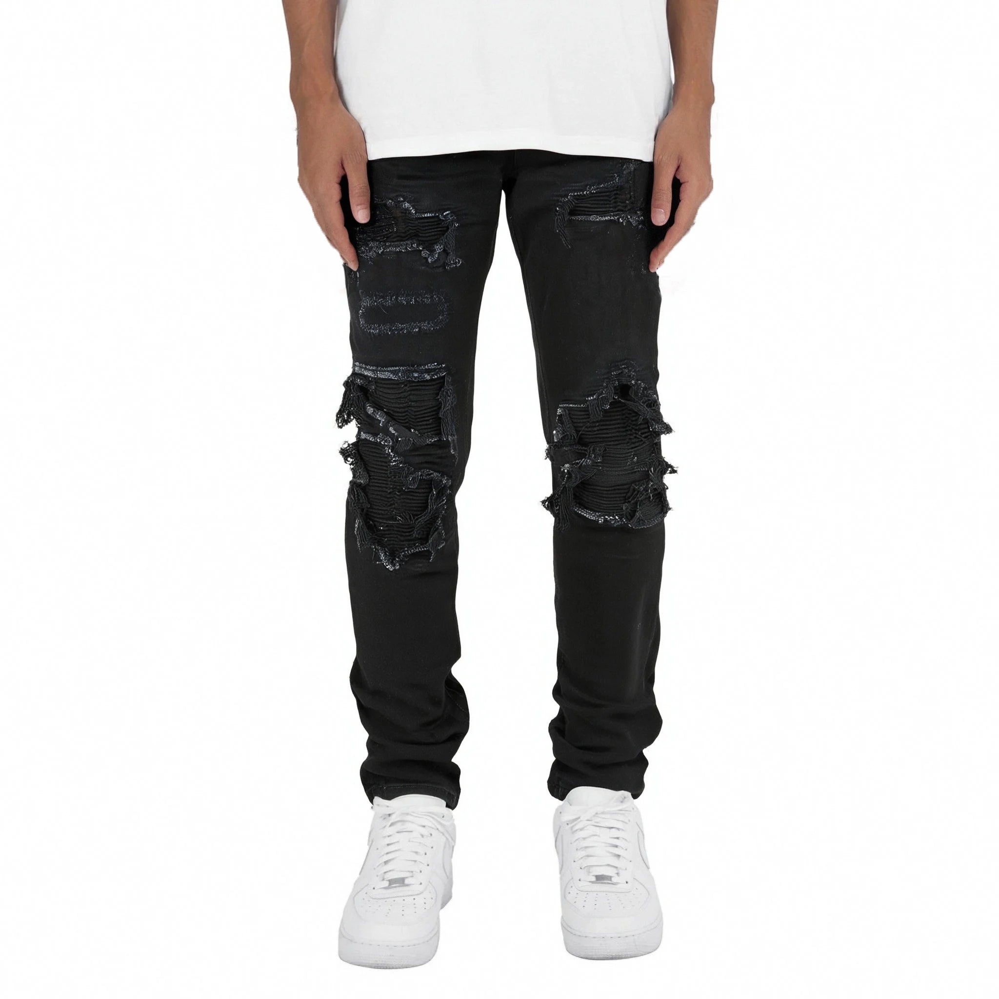 Wholesale Black Patch Denim Streetwear High Street Casual Ripped Damaged Distressed Designer Slim Fit Pants Stretch Men's Jeans