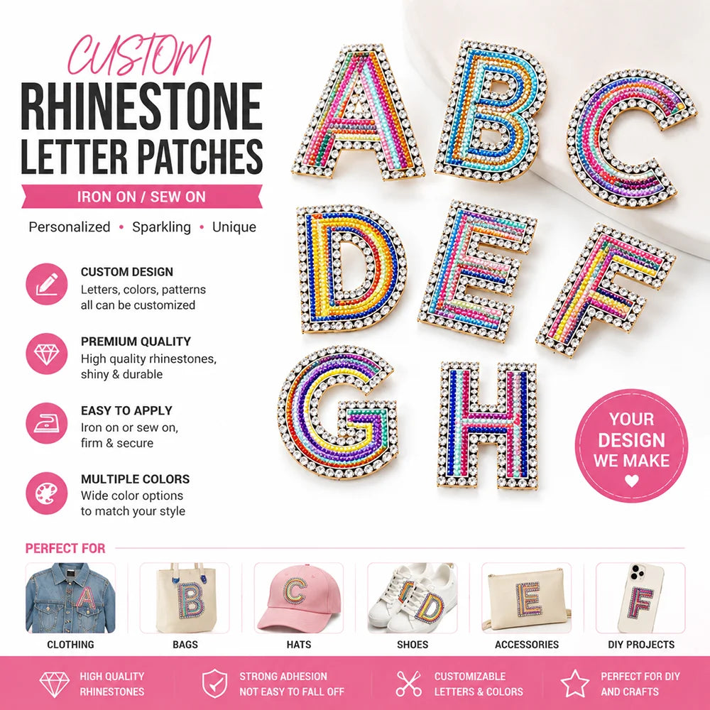 Custom Colourful Rhinestone Appliques Iron on Sew on Patches for Jackets Clothing DIY Decoration