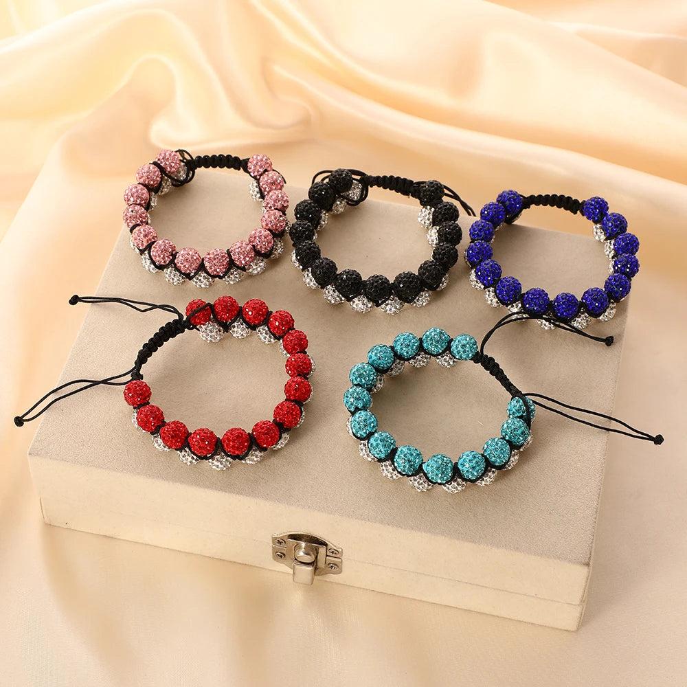 Handmade Shiny Crystal Rhinestone 10mm Baseball Inspired Beaded Bracelets Rope Adjustable Double Layer Disco Ball Bracelet