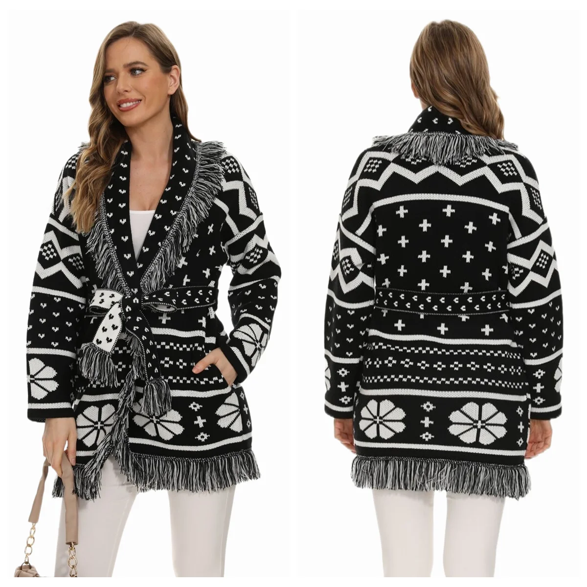 Ladies Classic Black White Geometric Jacquard Oversized Long Sleeves Winter Vintage Tassel Cardigan Jacket