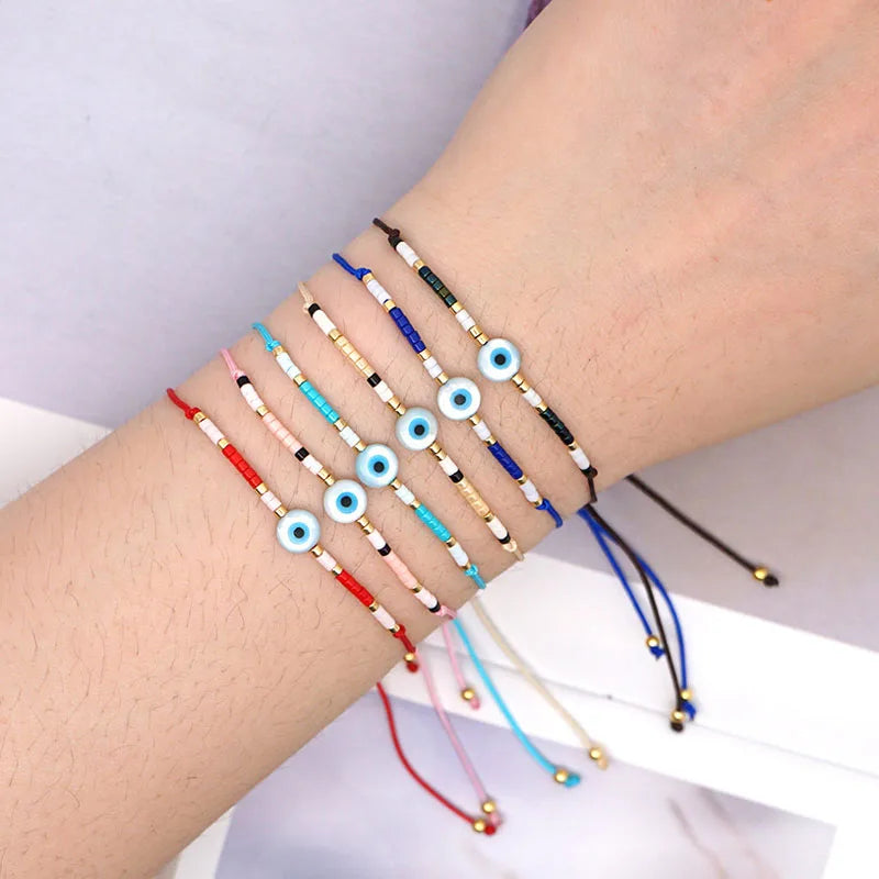 Cute Design Small Size Miyuki Seed Beads Shell Turkish Eye Handmade Macrame Adjustable Bracelet Women