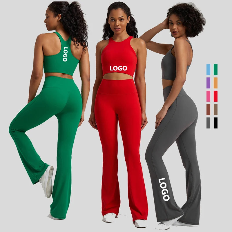 Joyyoung High Waisted Flare Yoga Set Women Racerback Crop Top Bell Bottom Pants Tummy Control Gym Workout Fitness Clothing Wear