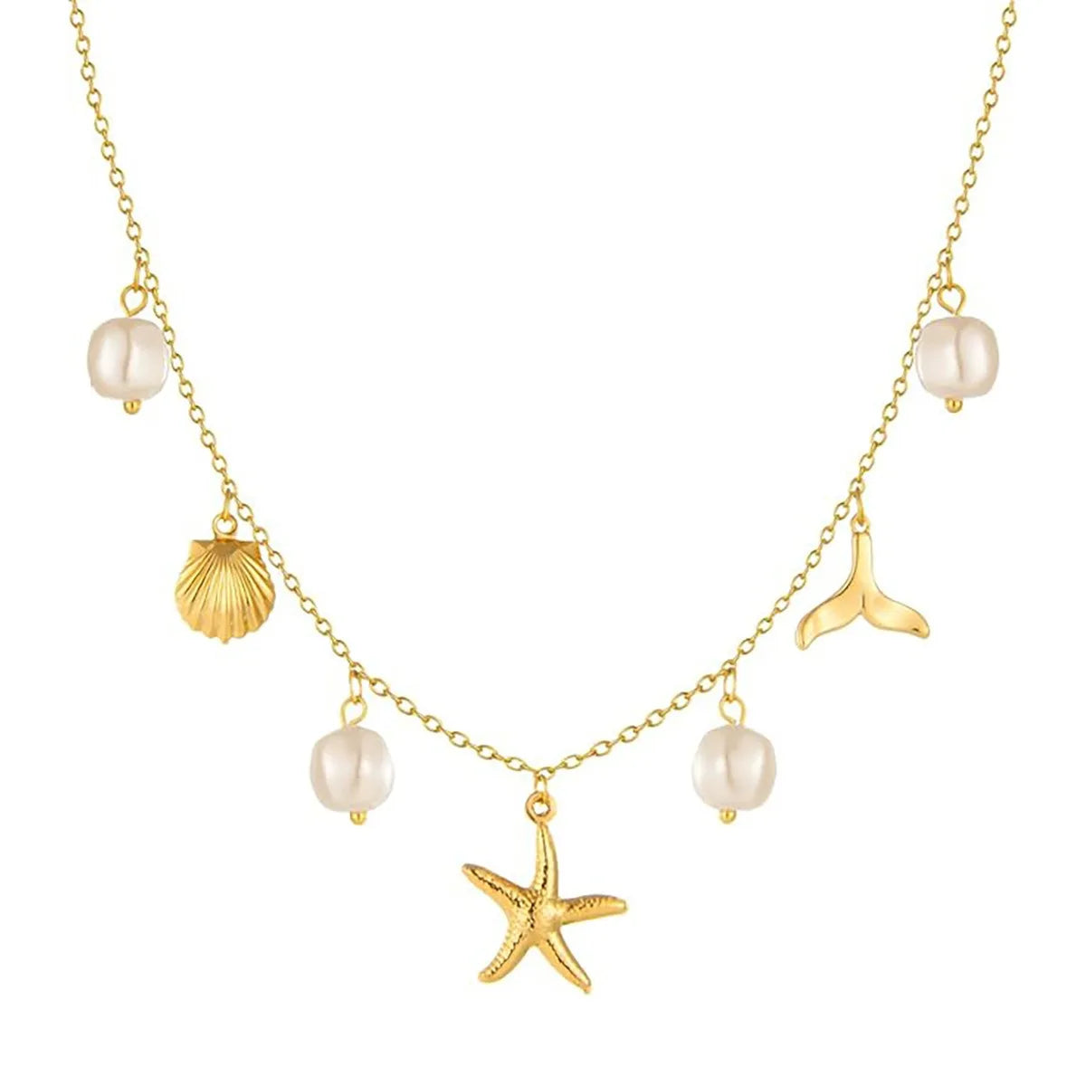 2025 Summer Beach Ocean Style Stainless Steel Gold Plated Pearl Inlaid Fishtail Starfish Shell Necklace for Women Girls