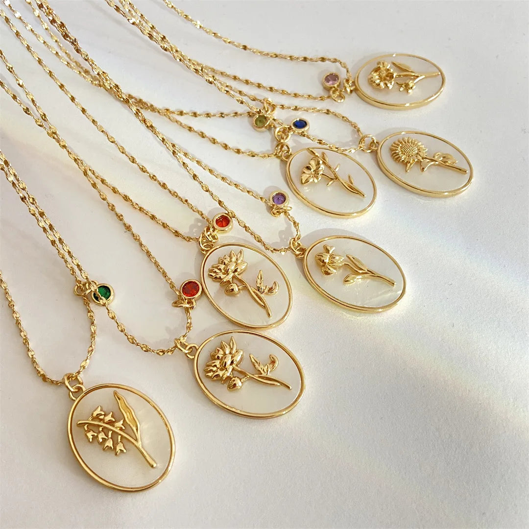 Dainty Personalized Birth Flower Oval Necklace Mother of Pearl October Diamond Birth Stones Month Chokers Jewellery