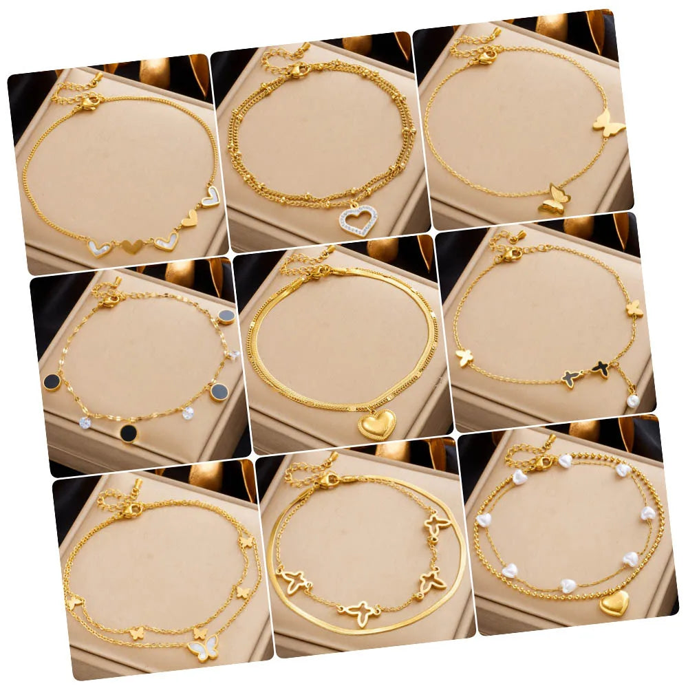 Double Layered Heart Butterfly Ankle Bracelet Stainless Steel Waterproof Gold Plated Anklet